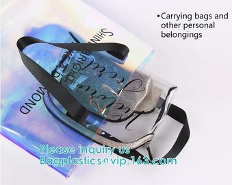 Neon Rainbow Hologram PVC Tote Bag custom holographic handbag PVC handle beach bag,Cosmetic Makeup Travel Pouch,Zipper supplier