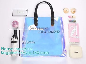 Neon Rainbow Hologram PVC Tote Bag custom holographic handbag PVC handle beach bag,Cosmetic Makeup Travel Pouch,Zipper supplier