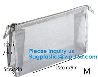 Travel Toiletry PouchCustom Small Portable White Mesh Zipper Cosmetic Bag With Leather Trim/Ladies Eco Makeup Hand Bag supplier