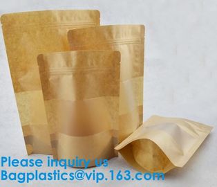 Natural Kraft Paper Flat Bottom Standup Pouch / Food Packaging Bags With Window,Foil Lined Standup Kraft Paper Envelopes supplier