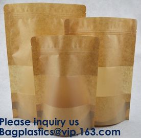 Natural Kraft Paper Flat Bottom Standup Pouch / Food Packaging Bags With Window,Foil Lined Standup Kraft Paper Envelopes supplier