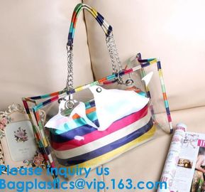 PVC Waterproof outdoor Travel Shopping Bags Fashion Lady Colorful Striped Beach Bags Waterproof Outdoor Beach Bean Bag supplier