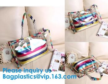 PVC Waterproof outdoor Travel Shopping Bags Fashion Lady Colorful Striped Beach Bags Waterproof Outdoor Beach Bean Bag supplier