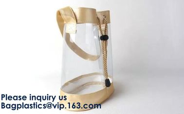 Transparent PVC Drawstring Bag With Colorful Rope,Clear PVC drawstring bag with gold string,Pvc Strips Printing Gift Pac supplier