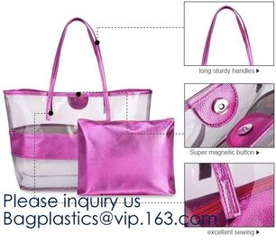 Waterproof All Over Printing PVC Coating Tote Shoulder Fabric Shopping Bag With Gusset And Lining,Jelly Clear Plastic PV supplier