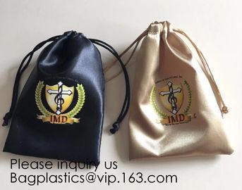 Full Color Printing Gold and Black Satin Drawstring Bag, Silver Satin Drawstring Bag With Wide Ribbon,Virgin Hair pack supplier