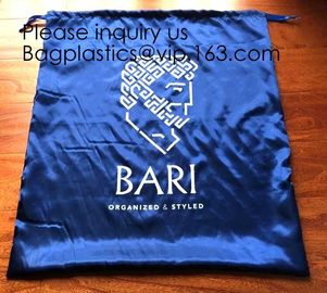 Large Dark Navy Blue Satin Dust Bag With Drawstring,Thick Black Satin Pouch With Gold Printing, bag with Printed Ribbon supplier