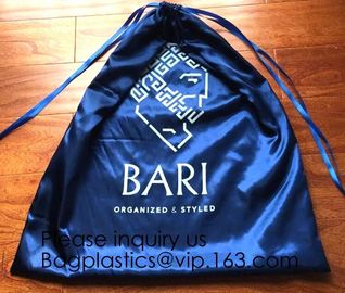 Large Dark Navy Blue Satin Dust Bag With Drawstring,Thick Black Satin Pouch With Gold Printing, bag with Printed Ribbon supplier