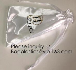 Customized Drawstring Cup Holder Bag,White Satin Bag With Rose Gold Printing And Ribbon, swimwear, underwear package pac supplier