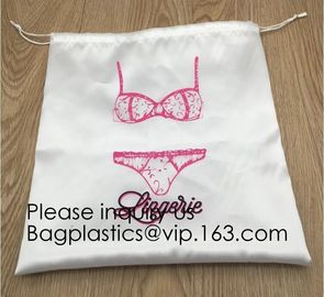 Customized Drawstring Cup Holder Bag,White Satin Bag With Rose Gold Printing And Ribbon, swimwear, underwear package pac supplier