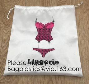 Customized Drawstring Cup Holder Bag,White Satin Bag With Rose Gold Printing And Ribbon, swimwear, underwear package pac supplier