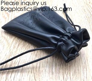 Black Color PU Leather Double Drawstring Protection Headphone Pouch Bag headphone pouchPU Leather Drawstring Promotiona supplier