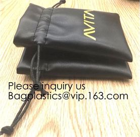 Black Pu Leather Drawstring Pouch Bag For Jewelry Earpiece,Electronics Storage Graven Branded Drawstring Soft PU Leather supplier