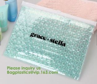 Compostable metallic glossy holographic private label bubble mailing bag, zip slider clear glitter bubble pouch bag supplier