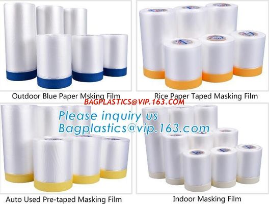 China outdoor paper masking film, rice paper taped masking film, auto used pre-taped masking film, indoor masking film, cloth factory