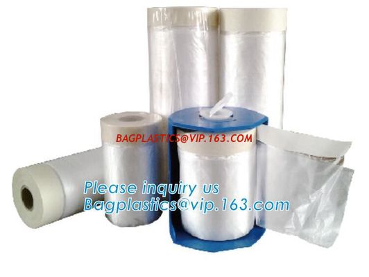 China PE protection cover mask film roll with masking tape, Corona treated plastic HDPE taped masking film, Pre-taped plasti factory