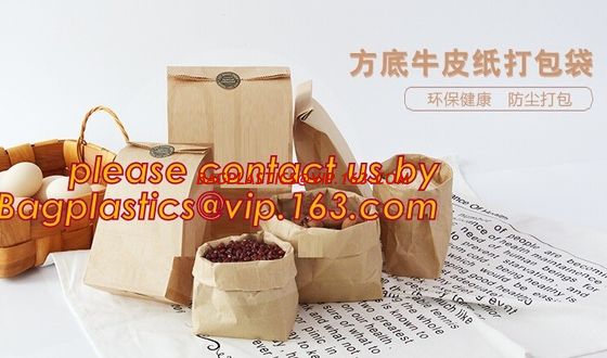 China Custom design printed Kraft bread packaging paper bag,wax grease proof square bottom packing french bread white craft pa factory
