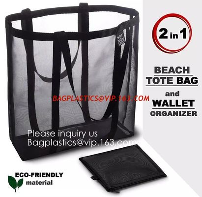 China Mesh Canvas Cooler Shopper Tote Bag For Beach Foldable Large Open Polyester Shopper Tote Bag With Full Mesh Body, bageas factory