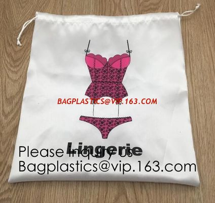 China Customized Drawstring Cup Holder Bag,White Satin Bag With Rose Gold Printing And Ribbon, swimwear, underwear package pac factory