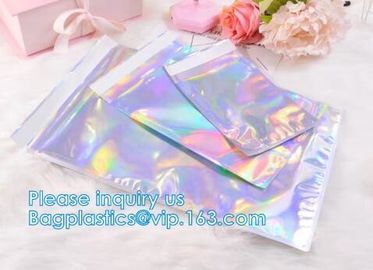 China Bagease Holographic Shinny Mylar bags Eyelash Kit Cosmetic Packaging Bag self-adhesive bag laser hologram neon bags factory